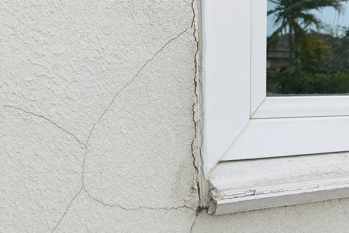 Close-up of deteriorated stucco or failed caulking