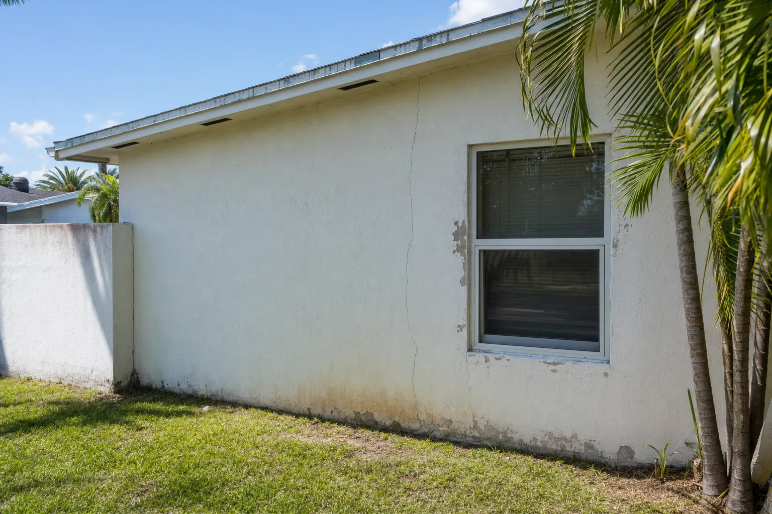Exterior wall with deteriorated stucco causing water intrusion